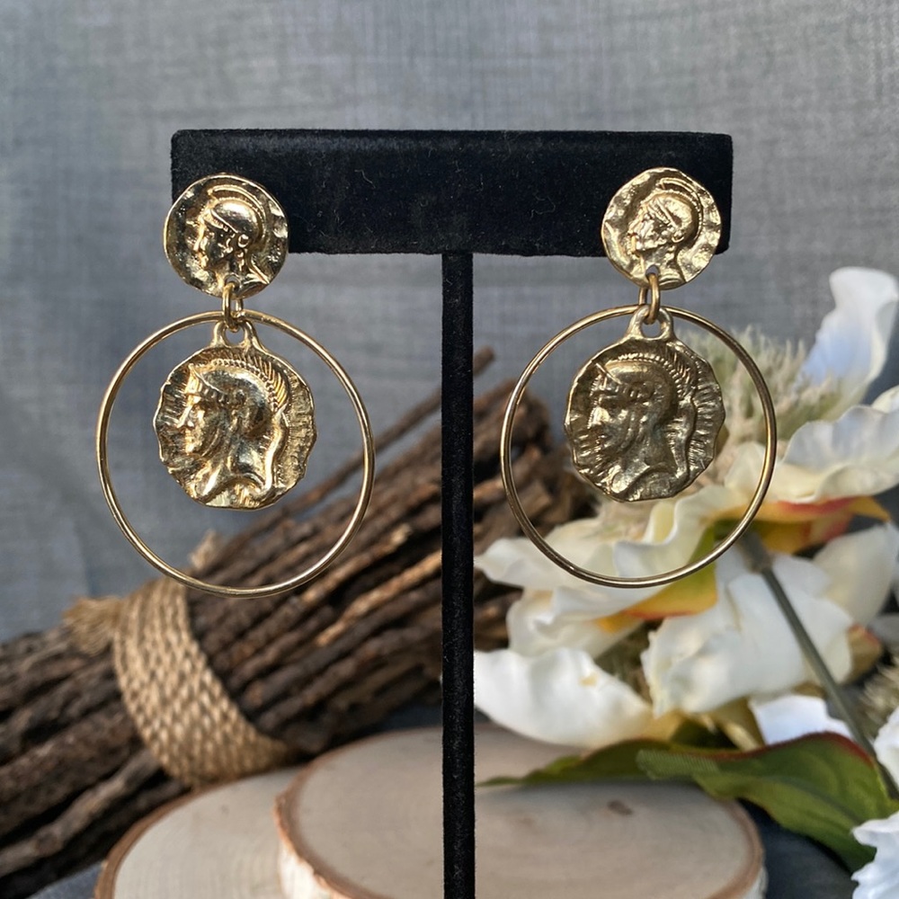 Vintage- Italian- Achilles Coin Dangle & Drop Stud Hoops